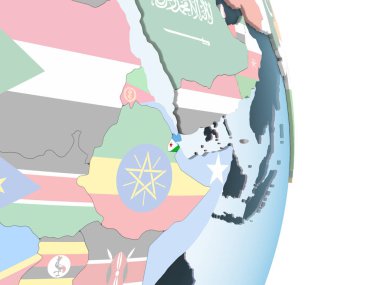 Cibuti katıştırılmış bayrak ile parlak siyasi dünya üzerinde. 3D çizim.