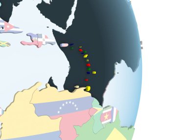 Karayipler katıştırılmış bayrak ile parlak siyasi dünya üzerinde. 3D çizim.