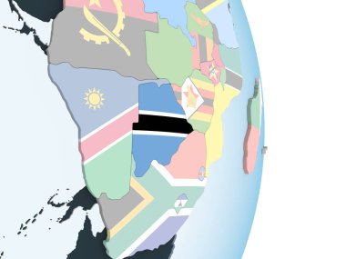 Botsvana katıştırılmış bayrak ile parlak siyasi dünya üzerinde. 3D çizim.