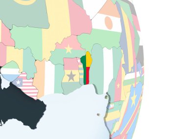 Benin katıştırılmış bayrak ile parlak siyasi dünya üzerinde. 3D çizim.