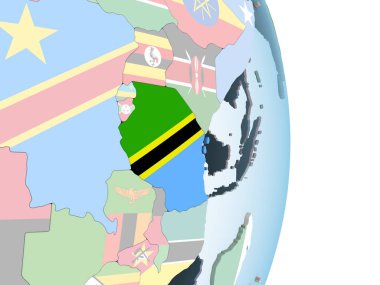 Tanzanya katıştırılmış bayrak ile parlak siyasi dünya üzerinde. 3D çizim.