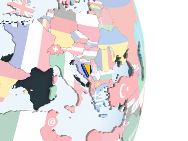 Bosna ve Hersek katıştırılmış bayrak ile parlak siyasi dünya üzerinde. 3D çizim.