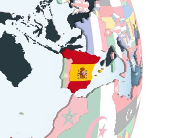 İspanya katıştırılmış bayrak ile parlak siyasi dünya üzerinde. 3D çizim.