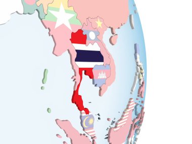 Tayland katıştırılmış bayrak ile parlak siyasi dünya üzerinde. 3D çizim.