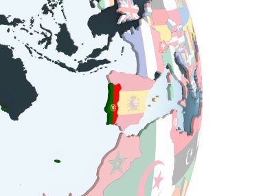 Portekiz katıştırılmış bayrak ile parlak siyasi dünya üzerinde. 3D çizim.