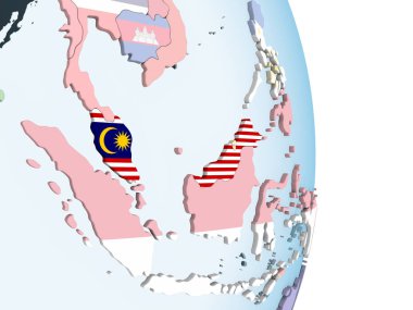 Malezya katıştırılmış bayrak ile parlak siyasi dünya üzerinde. 3D çizim.