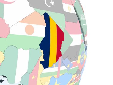 Chad katıştırılmış bayrak ile parlak siyasi dünya üzerinde. 3D çizim.