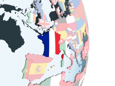 Fransa katıştırılmış bayrak ile parlak siyasi dünya üzerinde. 3D çizim.