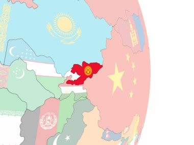 Kırgızistan katıştırılmış bayrak ile parlak siyasi dünya üzerinde. 3D çizim.