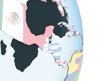 Belize katıştırılmış bayrak ile parlak siyasi dünya üzerinde. 3D çizim.