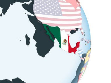 ABD katıştırılmış bayrak ile parlak siyasi dünya üzerinde. 3D çizim.