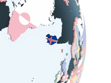 İzlanda katıştırılmış bayrak ile parlak siyasi dünya üzerinde. 3D çizim.