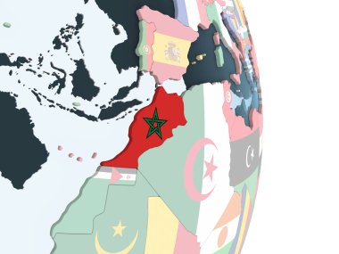 Fas katıştırılmış bayrak ile parlak siyasi dünya üzerinde. 3D çizim.