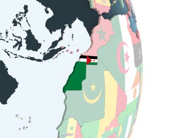 Batı Sahra katıştırılmış bayrak ile parlak siyasi dünya üzerinde. 3D çizim.