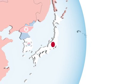 Japonya ile parlak siyasi dünya üzerinde bayrak gömülü. 3D çizim.