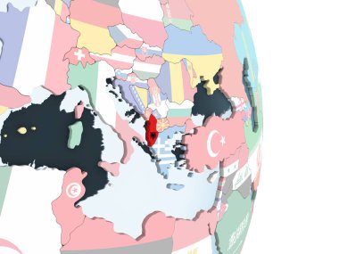 Arnavutluk katıştırılmış bayrak ile parlak siyasi dünya üzerinde. 3D çizim.