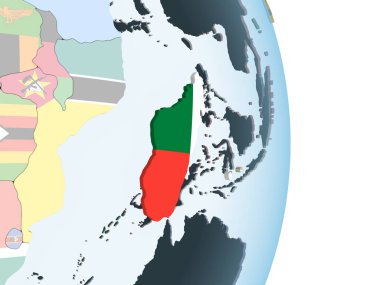Madagaskar katıştırılmış bayrak ile parlak siyasi dünya üzerinde. 3D çizim.