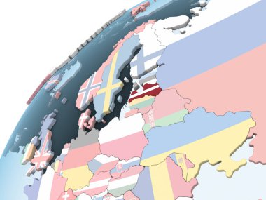 Letonya katıştırılmış bayrak ile parlak siyasi dünya üzerinde. 3D çizim.