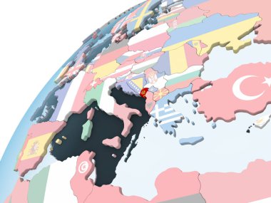 Karadağ katıştırılmış bayrak ile parlak siyasi dünya üzerinde. 3D çizim.