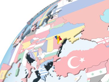 Moldova katıştırılmış bayrak ile parlak siyasi dünya üzerinde. 3D çizim.