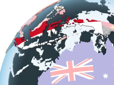 Endonezya katıştırılmış bayrak ile parlak siyasi dünya üzerinde. 3D çizim.