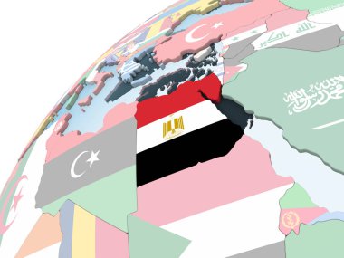 Mısır katıştırılmış bayrak ile parlak siyasi dünya üzerinde. 3D çizim.