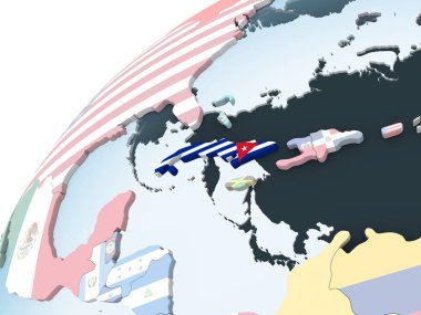Küba katıştırılmış bayrak ile parlak siyasi dünya üzerinde. 3D çizim.