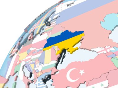 Ukrayna katıştırılmış bayrak ile parlak siyasi dünya üzerinde. 3D çizim.