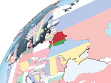 Beyaz Rusya katıştırılmış bayrak ile parlak siyasi dünya üzerinde. 3D çizim.