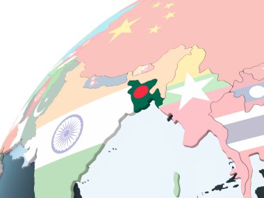 Bangladeş katıştırılmış bayrak ile parlak siyasi dünya üzerinde. 3D çizim.