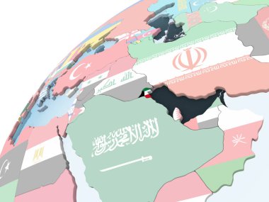 Kuveyt katıştırılmış bayrak ile parlak siyasi dünya üzerinde. 3D çizim.