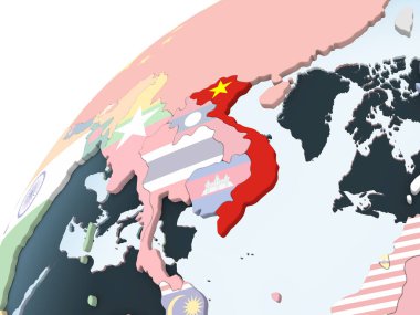 Vietnam katıştırılmış bayrak ile parlak siyasi dünya üzerinde. 3D çizim.