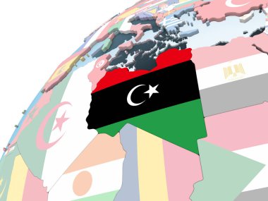 Libya katıştırılmış bayrak ile parlak siyasi dünya üzerinde. 3D çizim.
