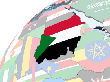 Sudan katıştırılmış bayrak ile parlak siyasi dünya üzerinde. 3D çizim.
