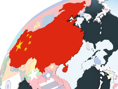 Çin katıştırılmış bayrak ile parlak siyasi dünya üzerinde. 3D çizim.