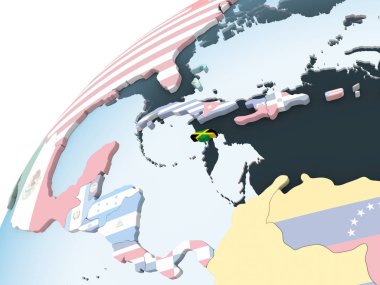 Jamaika katıştırılmış bayrak ile parlak siyasi dünya üzerinde. 3D çizim.