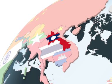 Laos katıştırılmış bayrak ile parlak siyasi dünya üzerinde. 3D çizim.