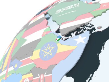 Cibuti katıştırılmış bayrak ile parlak siyasi dünya üzerinde. 3D çizim.