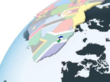 Lesotho katıştırılmış bayrak ile parlak siyasi dünya üzerinde. 3D çizim.