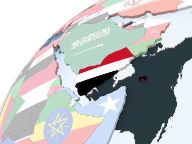 Yemen katıştırılmış bayrak ile parlak siyasi dünya üzerinde. 3D çizim.