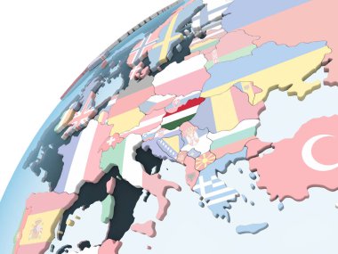 Macaristan katıştırılmış bayrak ile parlak siyasi dünya üzerinde. 3D çizim.