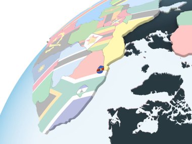 Svaziland katıştırılmış bayrak ile parlak siyasi dünya üzerinde. 3D çizim.