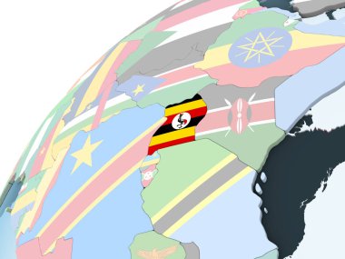 Uganda katıştırılmış bayrak ile parlak siyasi dünya üzerinde. 3D çizim.