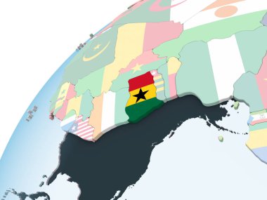 Gana katıştırılmış bayrak ile parlak siyasi dünya üzerinde. 3D çizim.