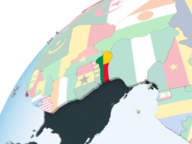 Benin katıştırılmış bayrak ile parlak siyasi dünya üzerinde. 3D çizim.