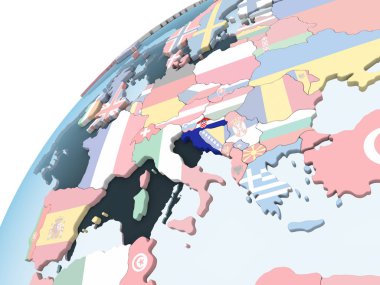 Hırvatistan katıştırılmış bayrak ile parlak siyasi dünya üzerinde. 3D çizim.