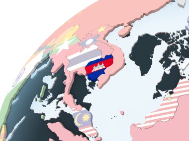 Kamboçya katıştırılmış bayrak ile parlak siyasi dünya üzerinde. 3D çizim.