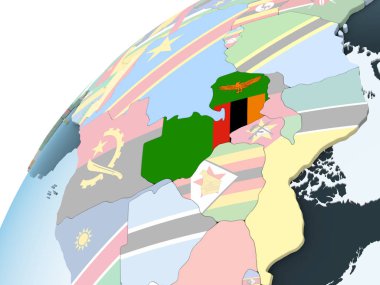 Zambiya katıştırılmış bayrak ile parlak siyasi dünya üzerinde. 3D çizim.