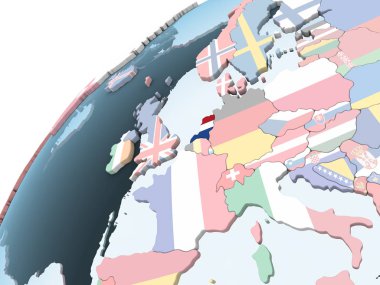 Hollanda katıştırılmış bayrak ile parlak siyasi dünya üzerinde. 3D çizim.