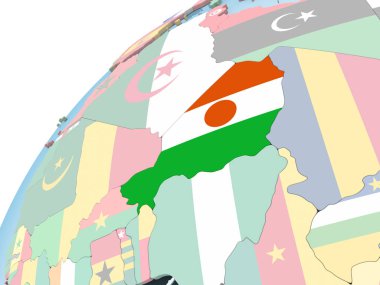 Nijer katıştırılmış bayrak ile parlak siyasi dünya üzerinde. 3D çizim.